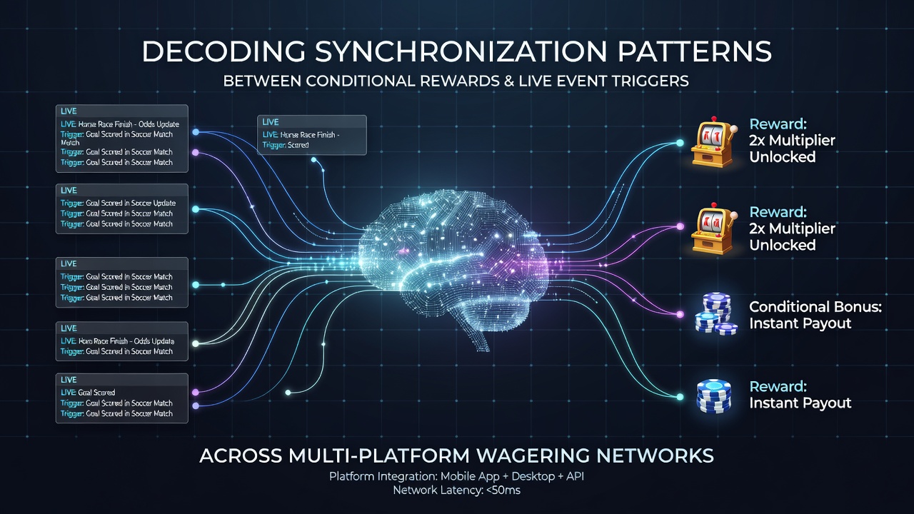 Diagram illustrating synchronization patterns linking conditional rewards to live event triggers in multi-platform wagering systems