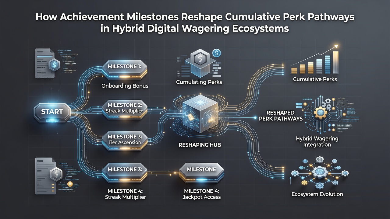 Digital interface showing achievement milestones unlocking perk pathways in a hybrid sports and casino wagering platform