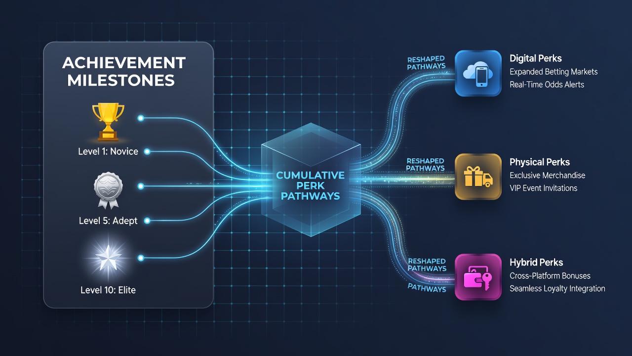 Analytics dashboard displaying cumulative perk pathway adjustments triggered by achievement milestones in a hybrid wagering app