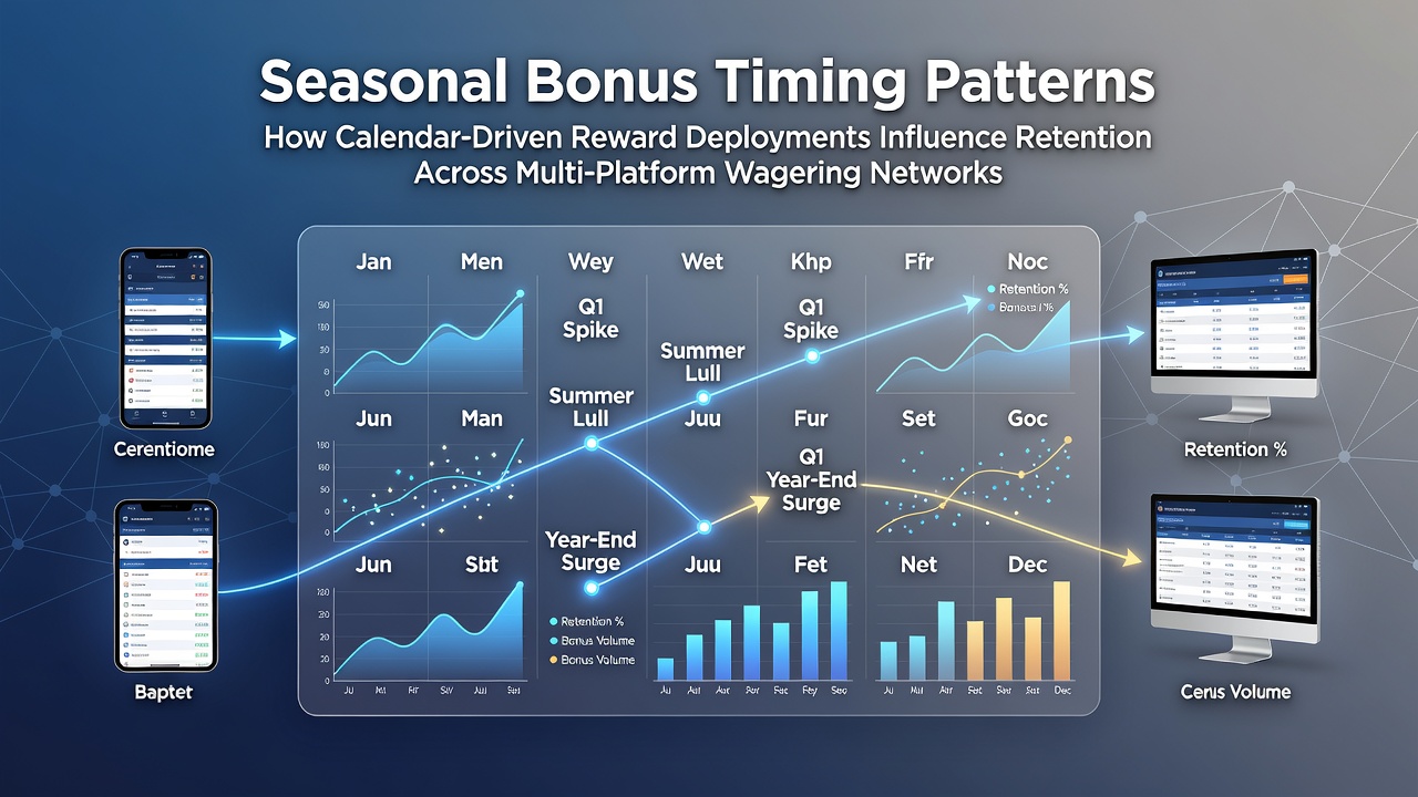Visual representation of calendar-driven bonus timing patterns across wagering platforms showing seasonal cycles and retention metrics