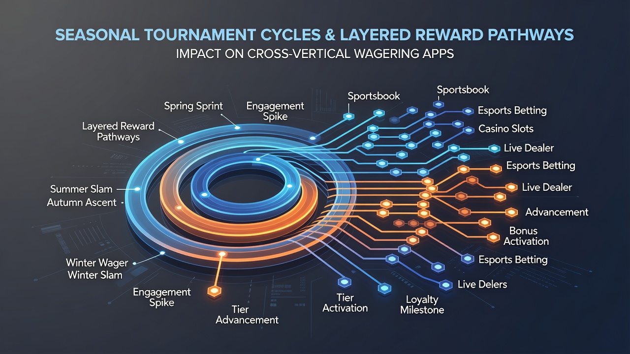 Illustration of layered reward pathways adjusting during peak tournament seasons in multi-vertical apps