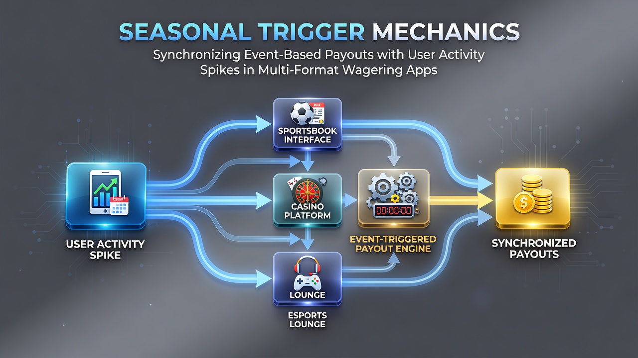 Illustration of seasonal payout synchronization in multi-format wagering apps showing activity spikes aligned with event triggers