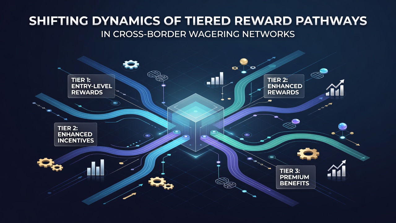 Illustration of interconnected global wagering networks with layered reward tiers spanning multiple jurisdictions