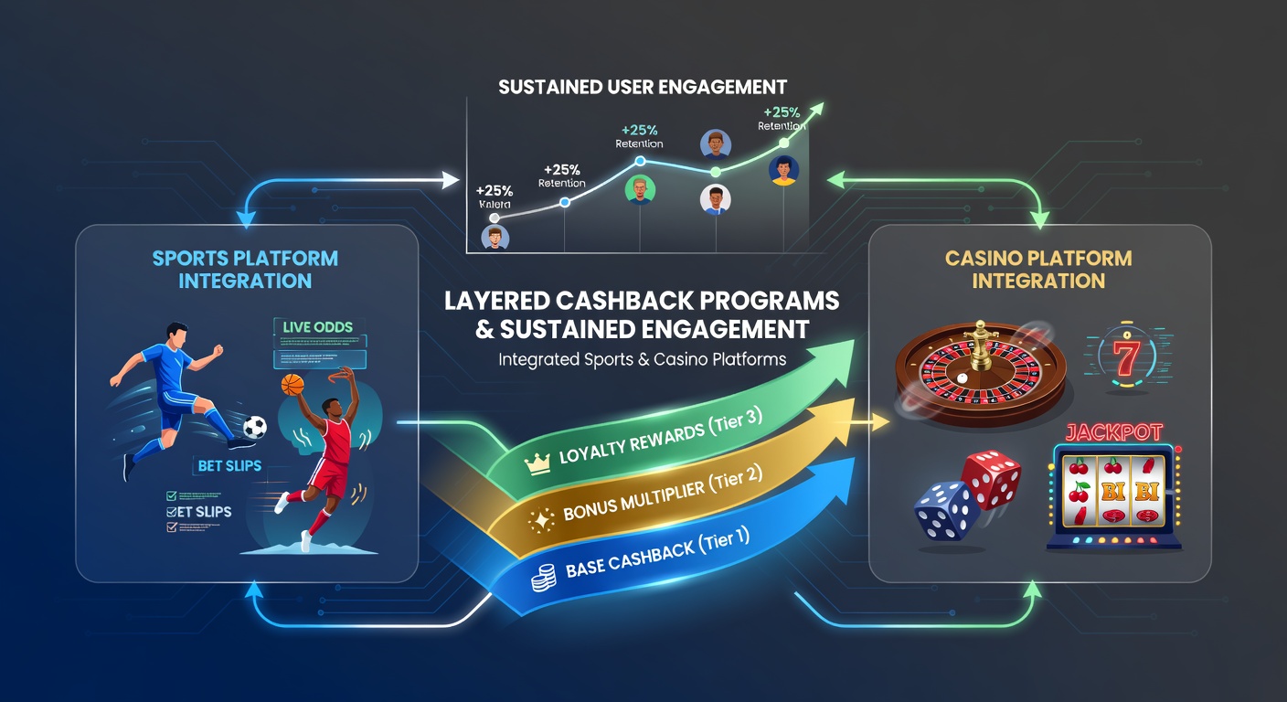 Layered cashback tiers displayed on an integrated sports and casino gaming dashboard showing percentage returns and activity milestones