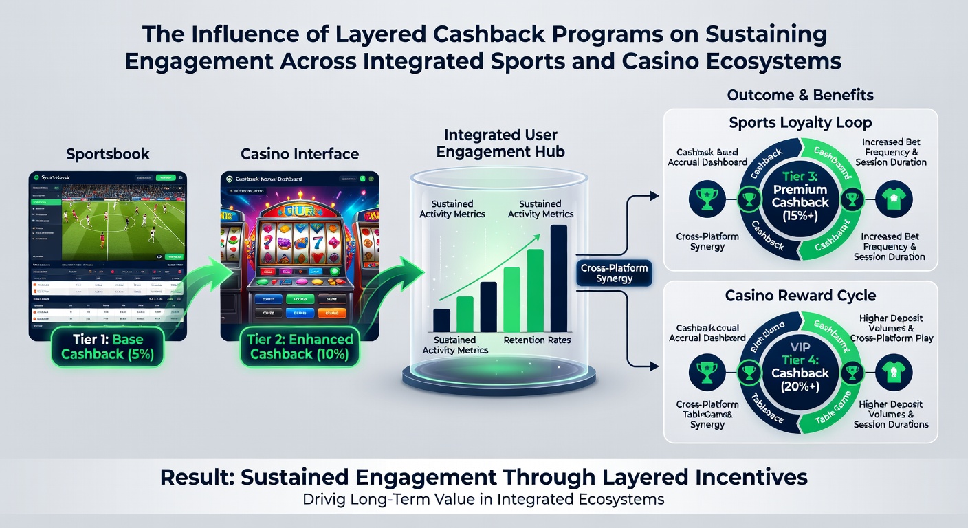 Casino floor interface merged with live sports betting screen highlighting shared cashback progress bar and tier advancement