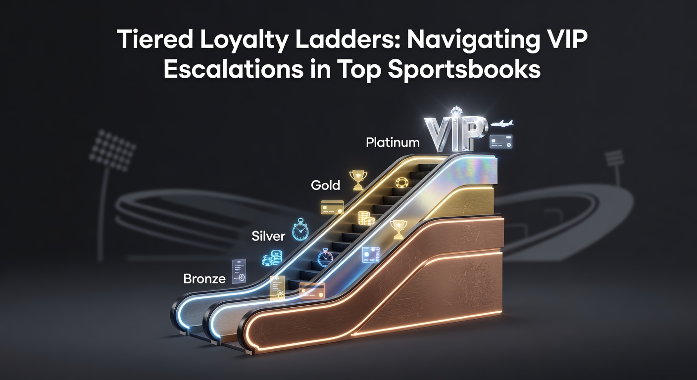 Illustration of a loyalty ladder with tiers climbing from bronze to diamond in a sportsbook VIP program, showing escalating perks like cashback and exclusive events